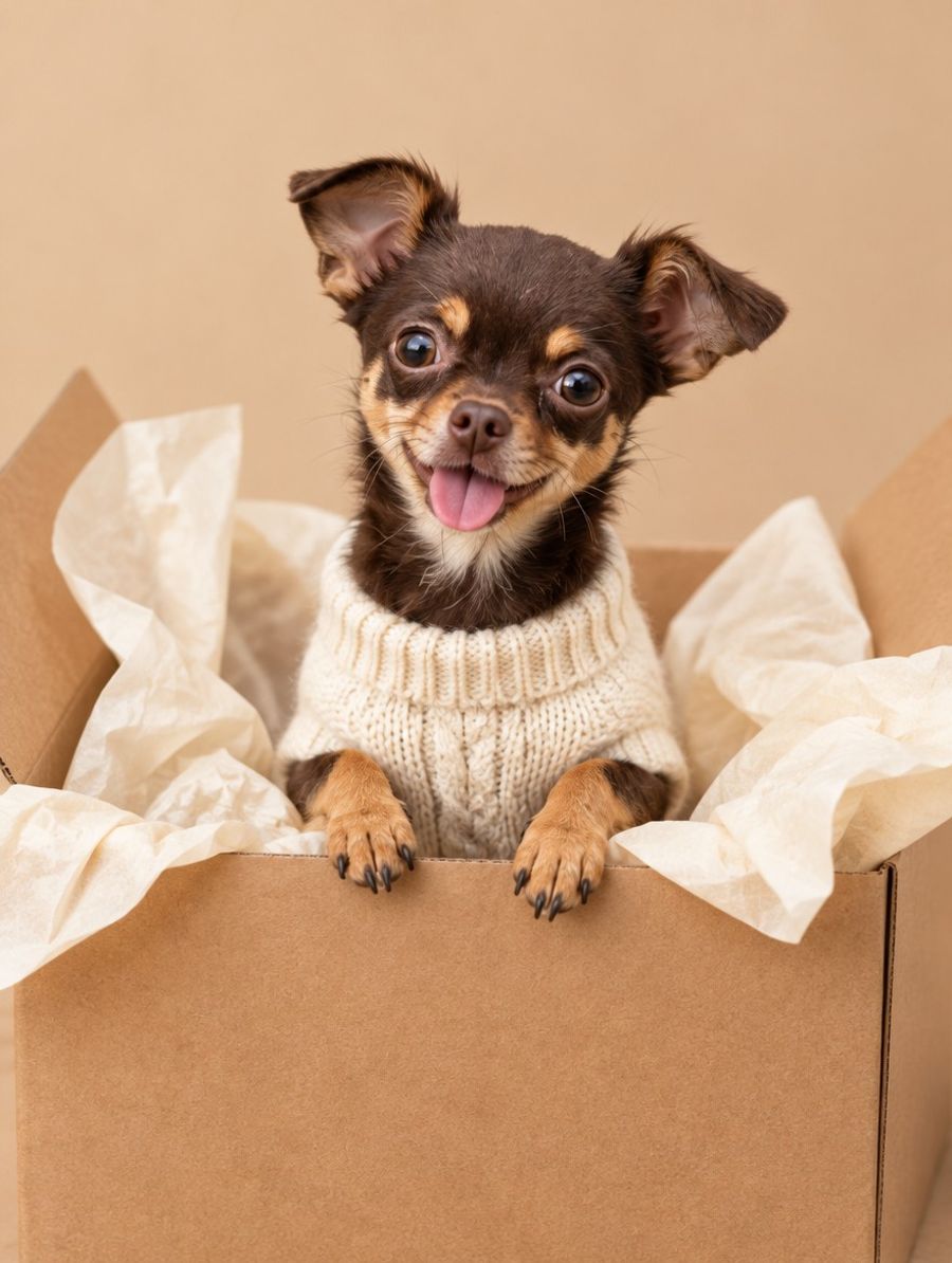Chihuahua saliendo de una caja de envío