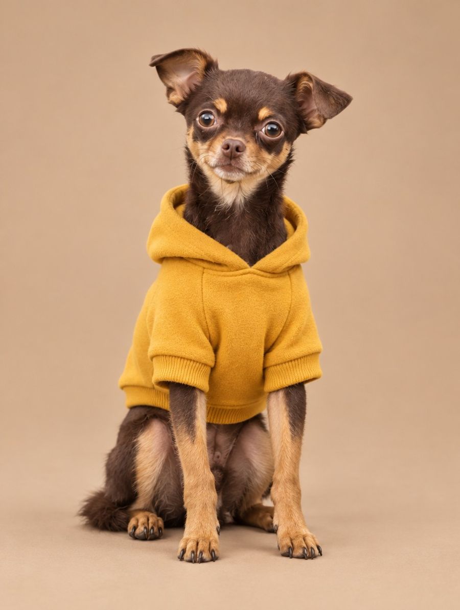 Chihuahua con hoodie mostaza