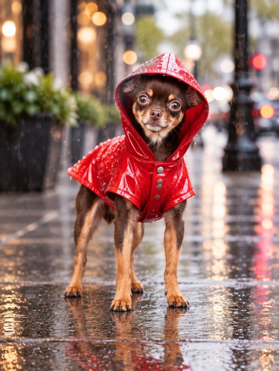 Chihuahua con impermeable rojo